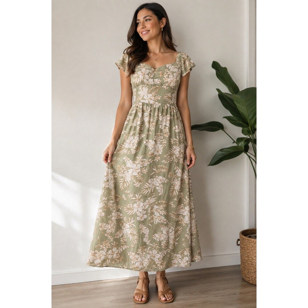 Derek Heart Women’s L Floral Maxi Dress Sage Green Rayon Smocked Boho
